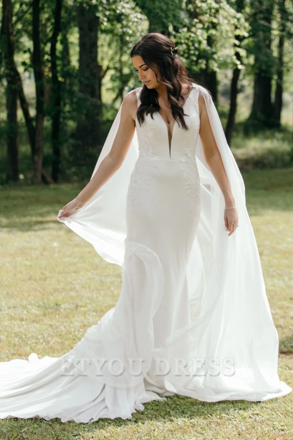 Mermaid Deep V Neck White Long Wedding Dress with Cape